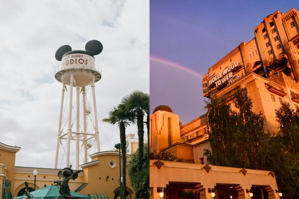 The iconic Mickey Mouse water tower at Walt Disney Studios Park and The Twilight Zone Tower of Terror, two must-see attractions for movie lovers and thrill seekers at Disneyland Paris.