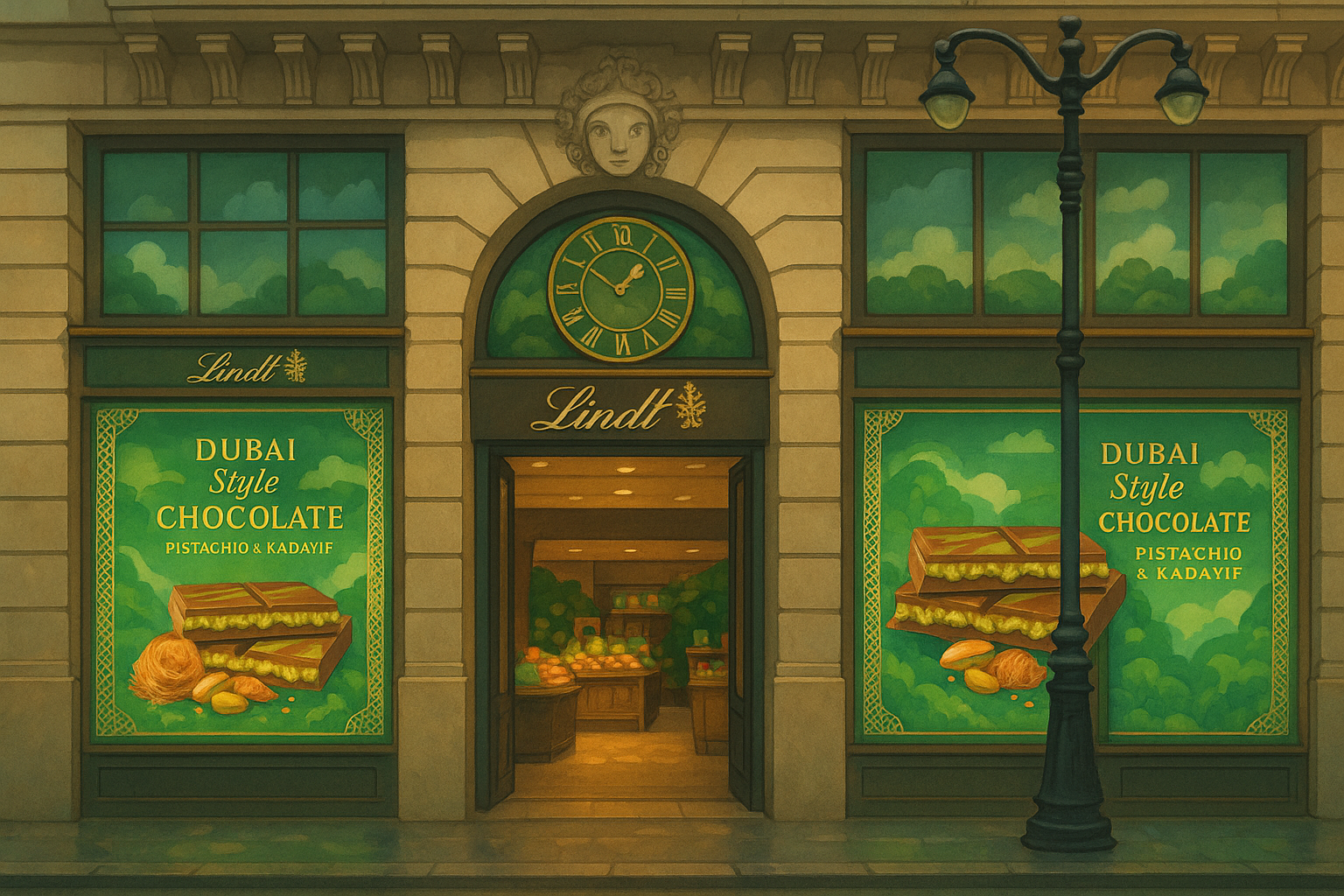 Lindt Dubai Style chocolate bar – milk chocolate filled with pistachio cream, tahini, and kunafa, sold in Lindt boutiques in Paris